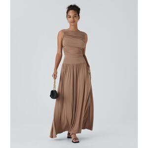 Halara Boat Neck Asymmetric Ruched Side Pocket Flowy Maxi Casual Dress Mocha XL